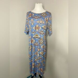 LuLaRoe Julia Dress Blue with Multicolored Aztec Pattern Midi Form Fitting